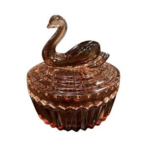 1960s Glass Swan Powder Jar & lipstick holder, trinket dish Pink